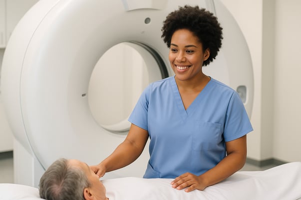 Radiologic technologist professionally assisting a patient at a modern MRI or CT scanner, showcasing advanced medical imaging workflow and patient care in radiology workflow optimization.