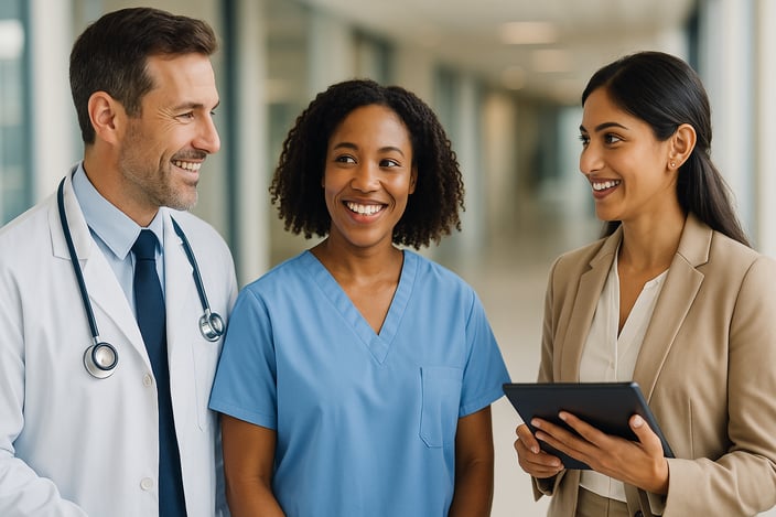 Diverse team of healthcare professionals (radiologist, technologist, administrator) collaborating effectively in a modern medical setting, symbolizing the positive outcomes of radiology workflow optimization.