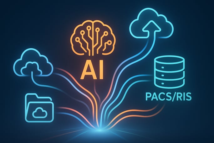 Conceptual illustration of integrated medical technologies including AI, cloud computing, and PACS/RIS systems, forming a cohesive network for advanced radiology workflow optimization.