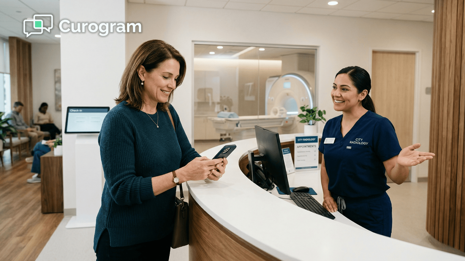 Patient reads SMS prep instructions at radiology center reception desk
