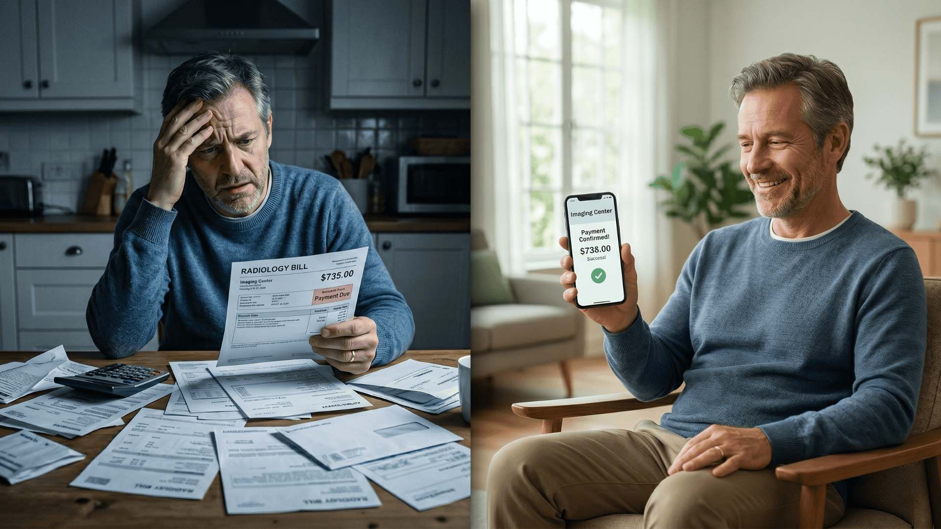 Imaging center staff explaining billing charges to a patient on a tablet at reception
