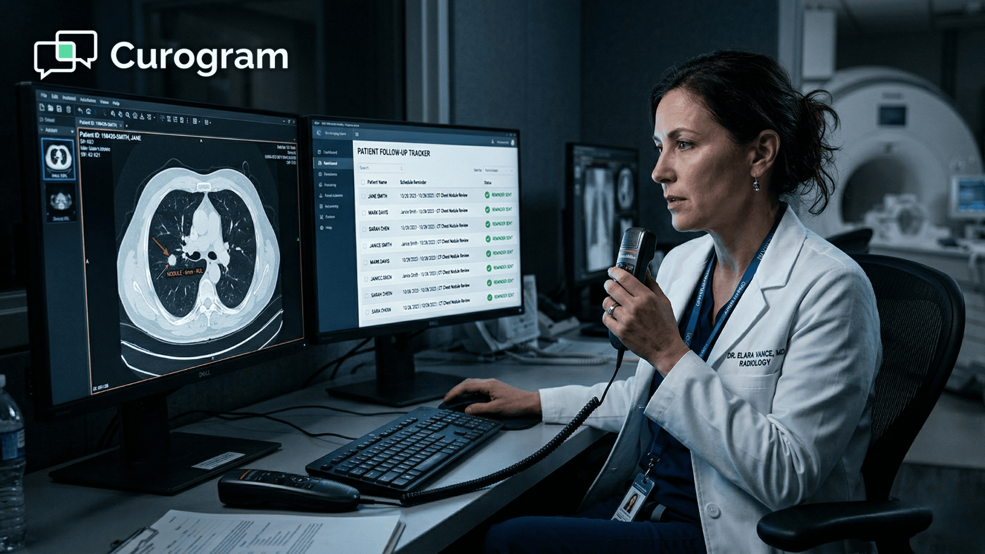 Radiologist reviewing follow-up imaging recommendations on a workstation dashboard