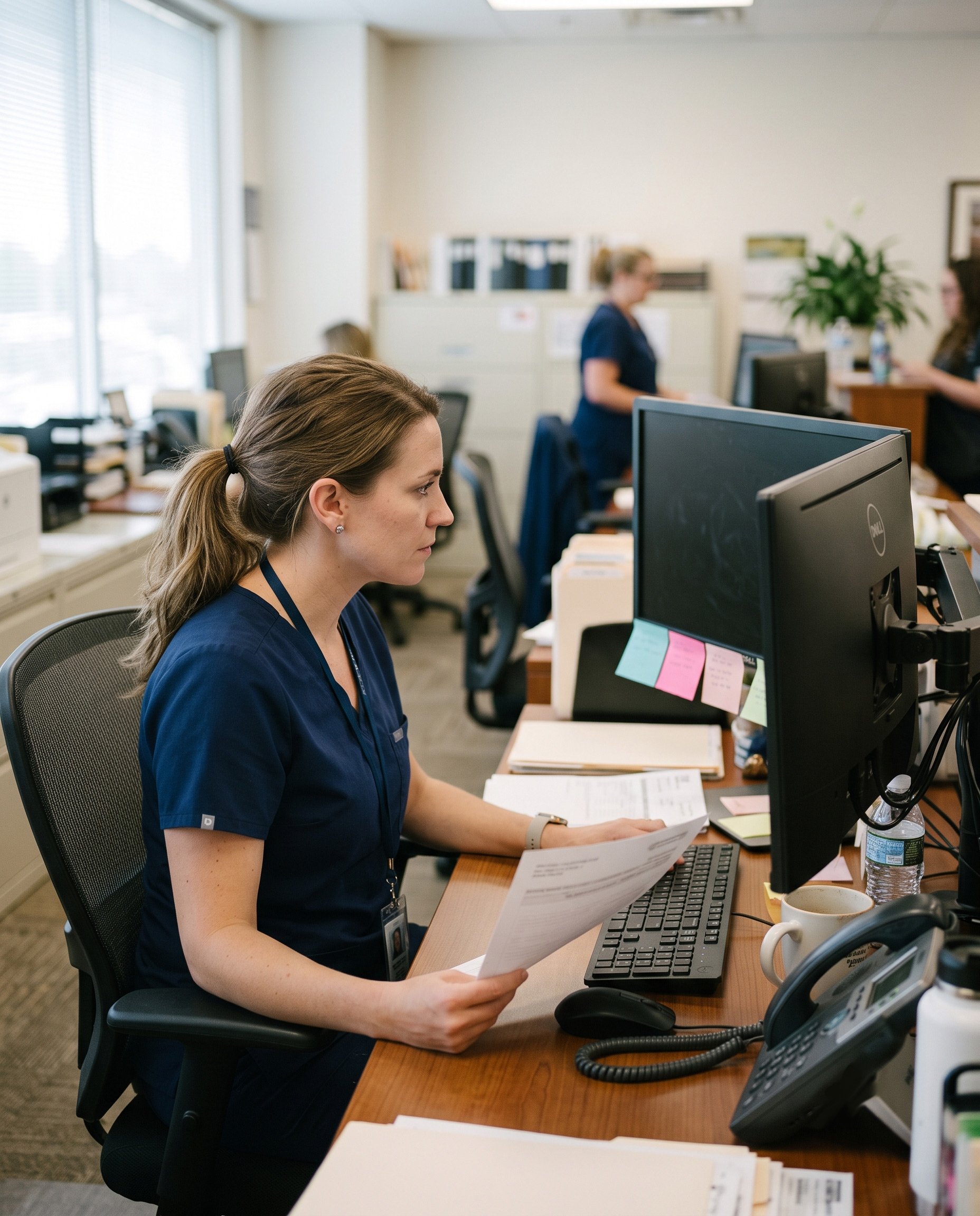 Medical officer at a desk looking a double monitors