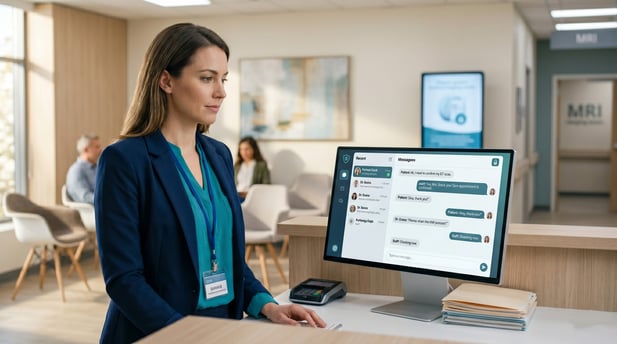 Clinic front desk receptionist reviewing Patient Messages and MRI protocols on computer