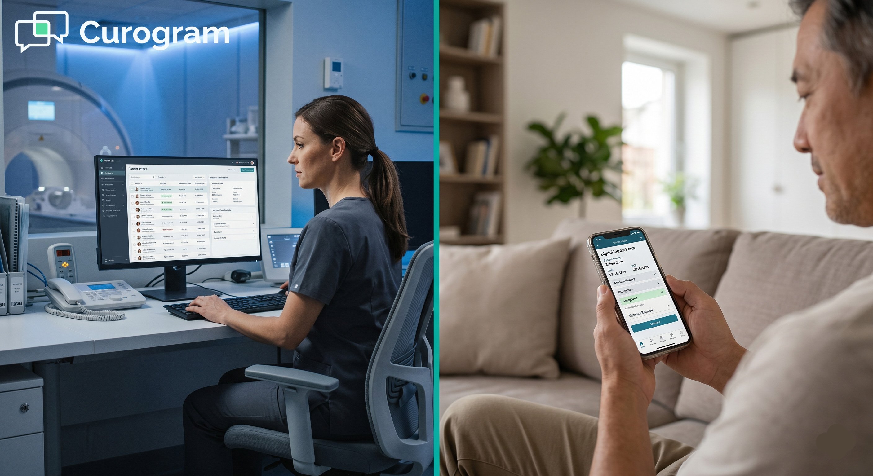 Radiology technologist at intake computer and patient with smartphone medical check-in
