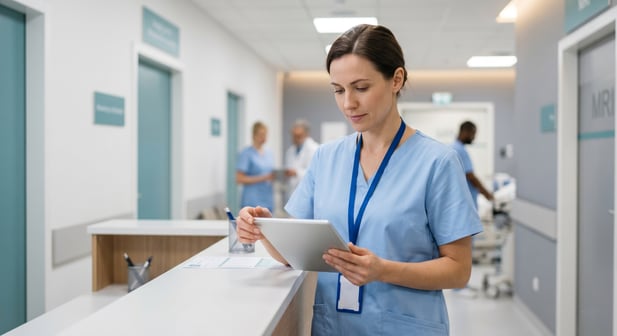 Female radiology technologist in scrubs with tablet at modern medical center reception