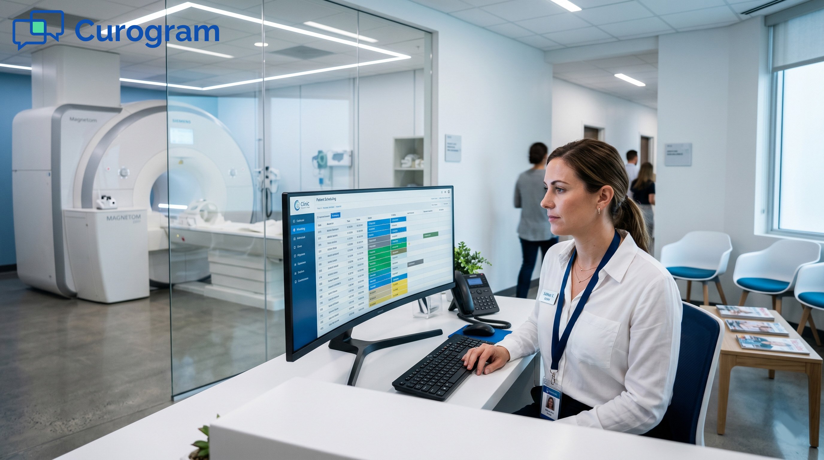 Female medical coordinator manages Curogram interface next to a large MRI machine