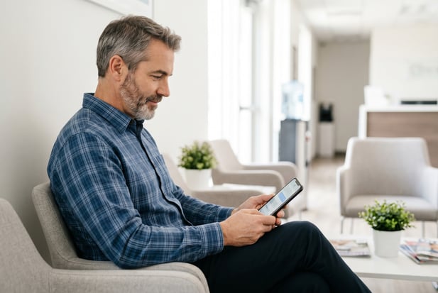 Patient in a modern medical waiting room reads an instructive message on his phone