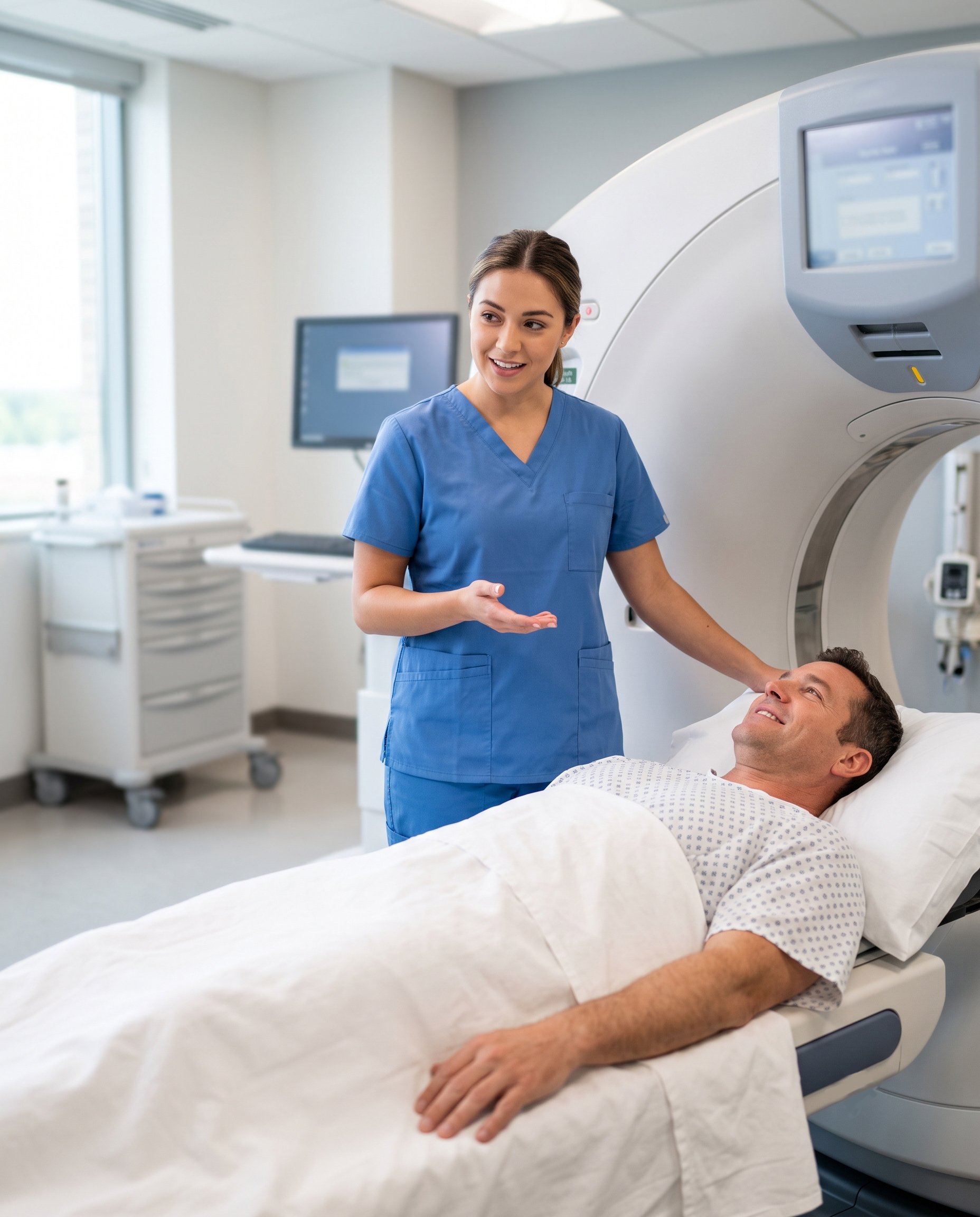 Radiologic technologist guiding a patient on a modern CT scanner table