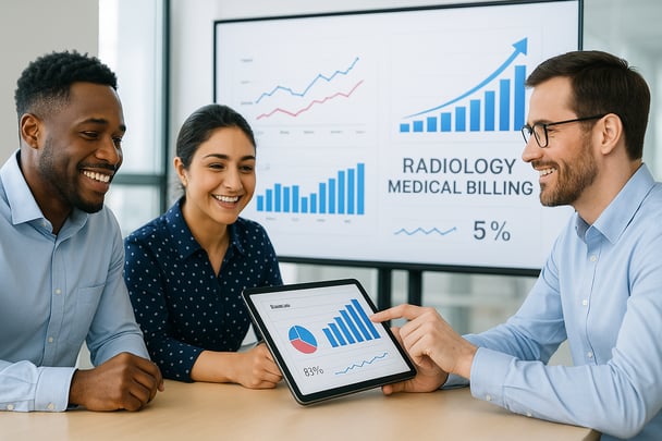 A diverse team of professionals collaborating on **radiology medical billing services**, representing an expert billing team or outsourcing partnership.