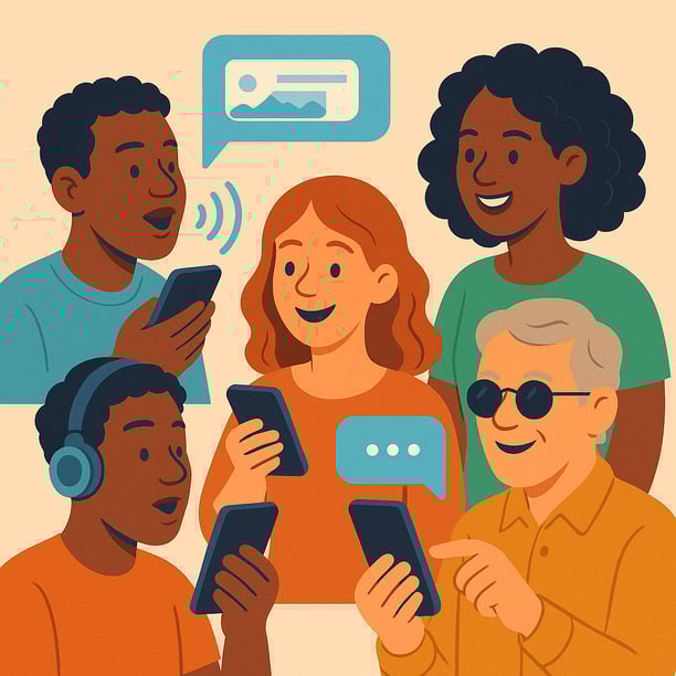 Illustration of diverse individuals, including one using accessibility features, interacting with RCS messaging on their smartphones, highlighting inclusivity.