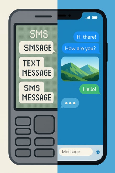 Comparison graphic showing the evolution from basic pixelated SMS on an old phone to rich, interactive RCS messaging features on a modern smartphone.