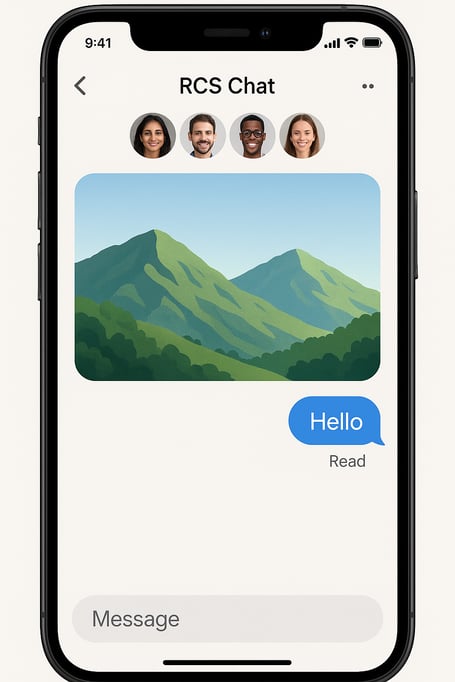 Smartphone screen mockup showcasing key RCS messaging features like high-resolution photo sharing, typing indicators, and read receipts in a chat conversation.