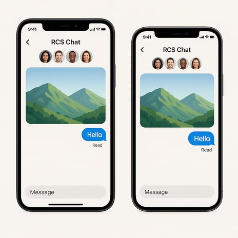 Two smartphones, an Android and an iPhone, displaying rich RCS chat interfaces, illustrating cross-platform RCS messaging capabilities.