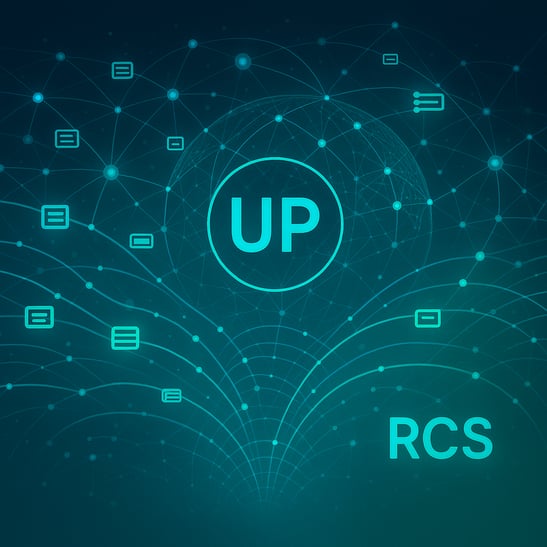 Abstract digital illustration of interconnected network nodes and data flows, conceptually representing the technology and Universal Profile behind RCS messaging.