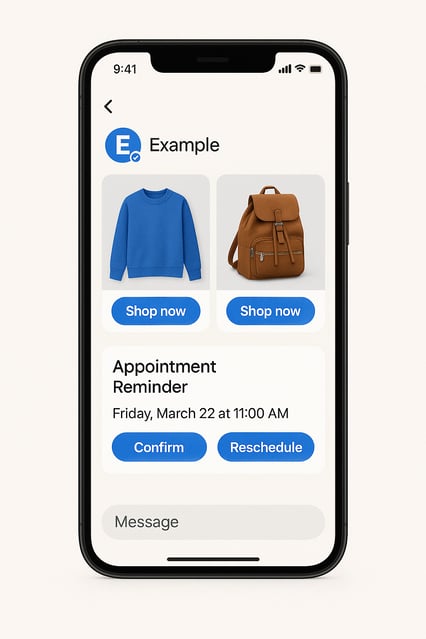 Example of Rich Business Messaging (RBM) on a smartphone, showing an interactive carousel for products or an appointment reminder with quick action buttons from a verified brand.