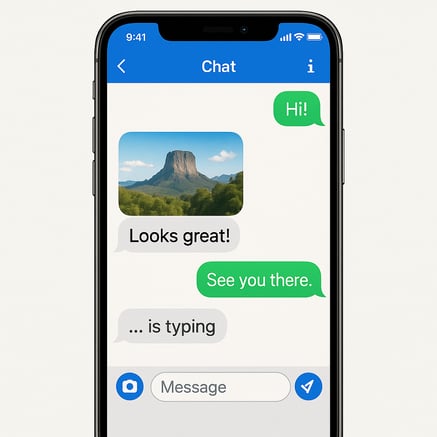 Smartphone screen showcasing a modern RCS chat with rich features like image sharing, typing indicators, and read receipts.