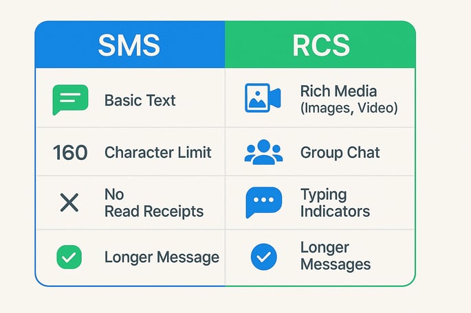 Infographic comparing key features of SMS and RCS, highlighting differences in media capabilities, interactivity, and message limits.