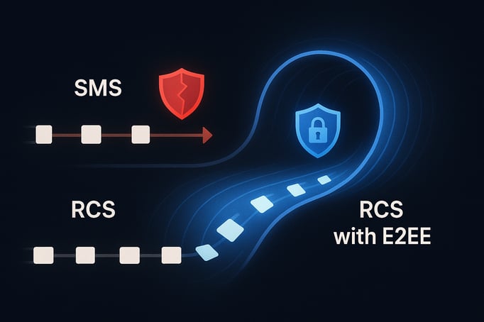 Abstract visual comparing the security of unencrypted SMS with the enhanced encryption capabilities of RCS, including E2EE.