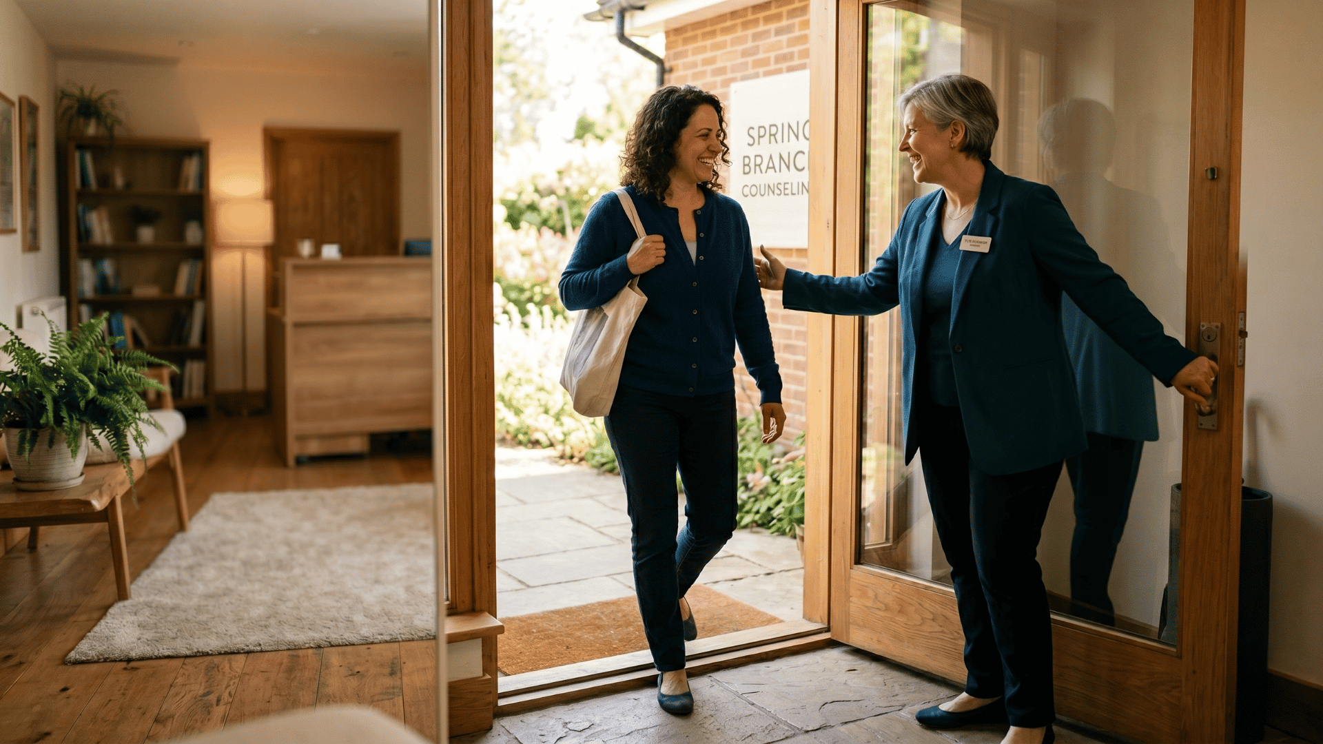 Returning client welcomed at a behavioral health practice doorway after SMS recall outreach