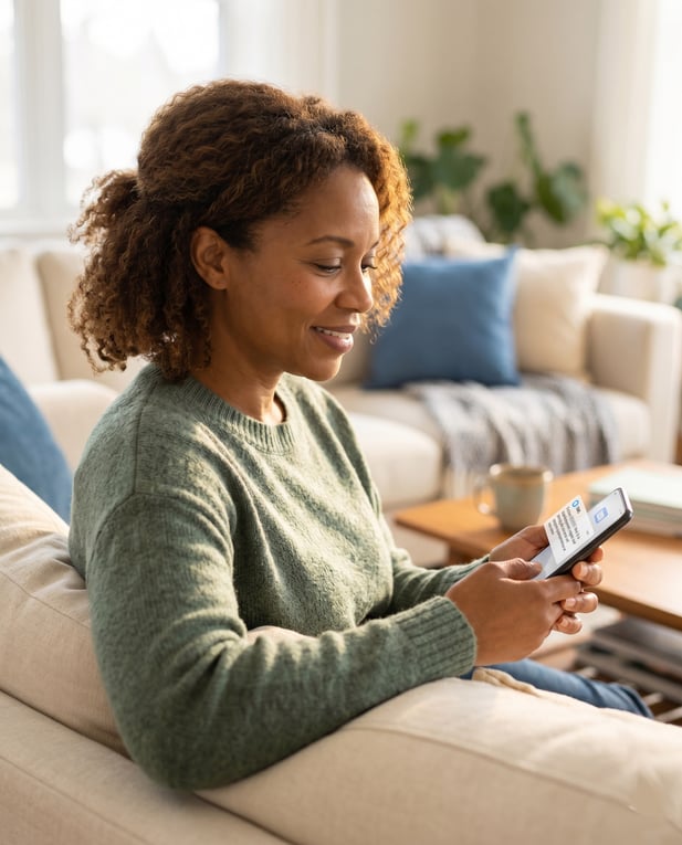 Satisfied patient smiles reading SMS appointment reminder on her smartphone