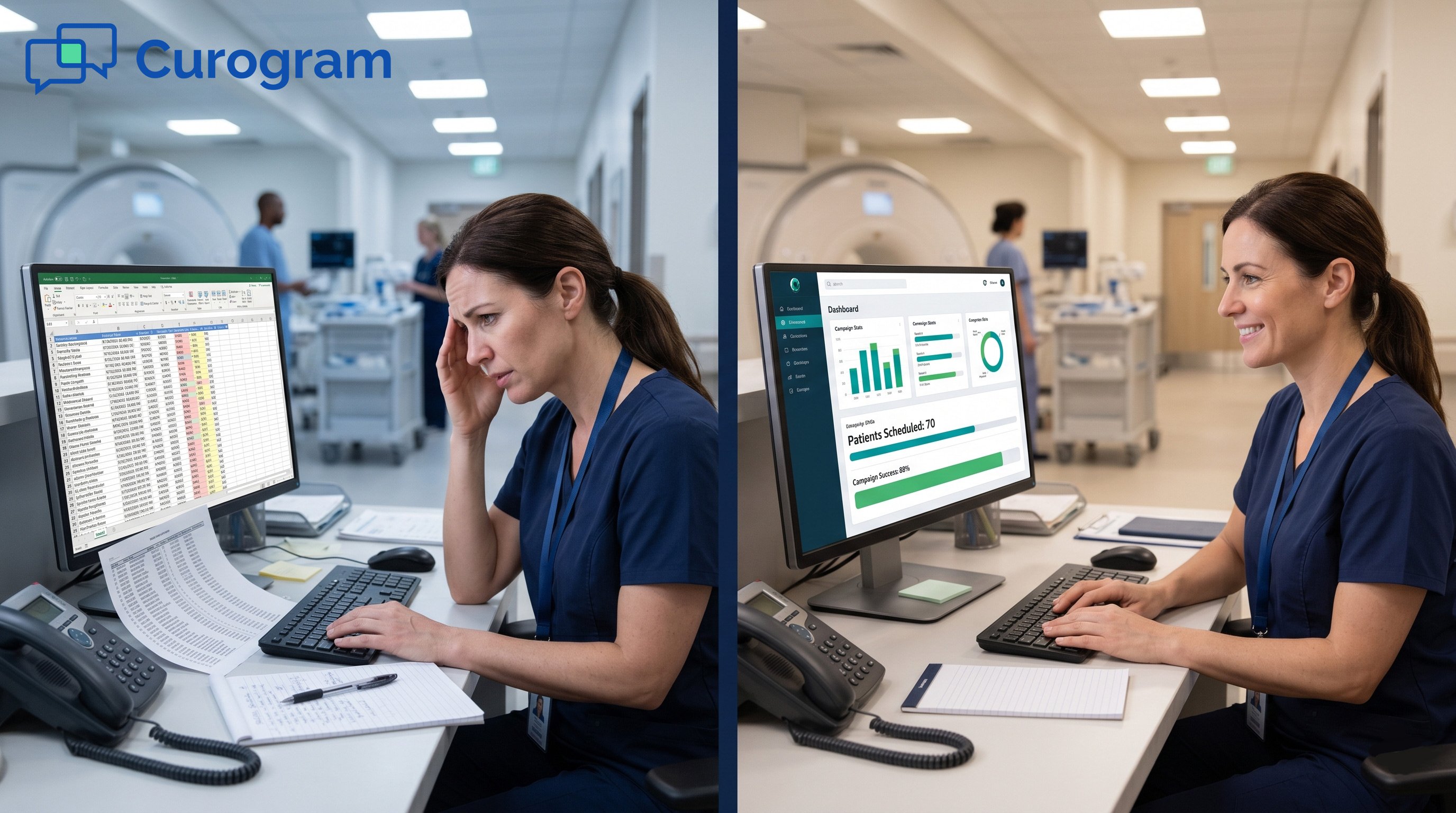 Two-panel comparison of stressed vs. composed healthcare staff managing patient recalls