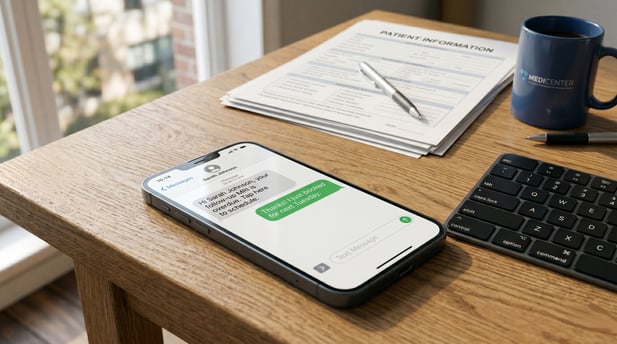 Proportional level view of phone, forms, mug, and keyboard on oak desk