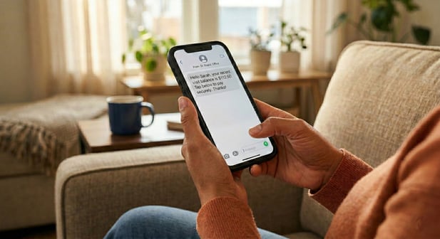 Photo of modern office staff holding phone with payment confirmation