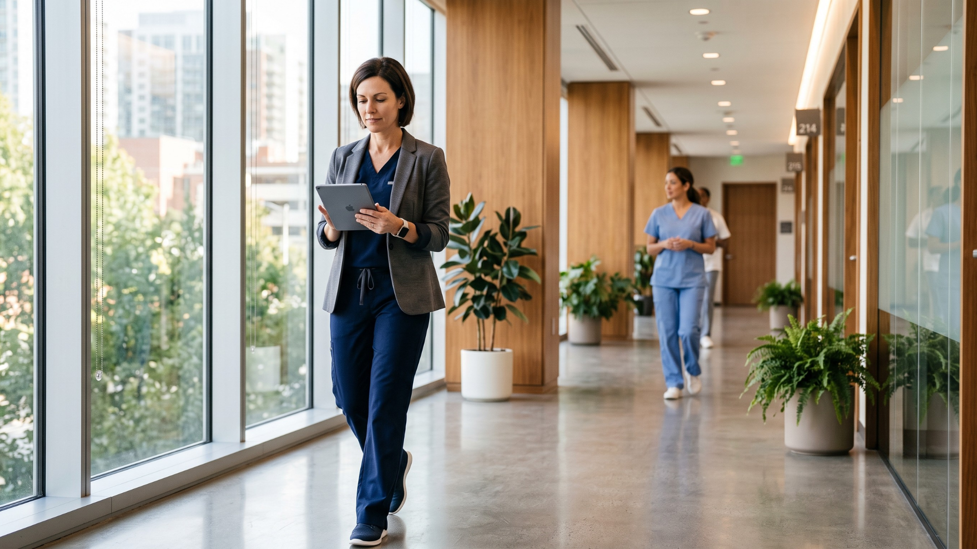 Medical office manager reviewing the day's appointment schedule on a tablet, away from the desk