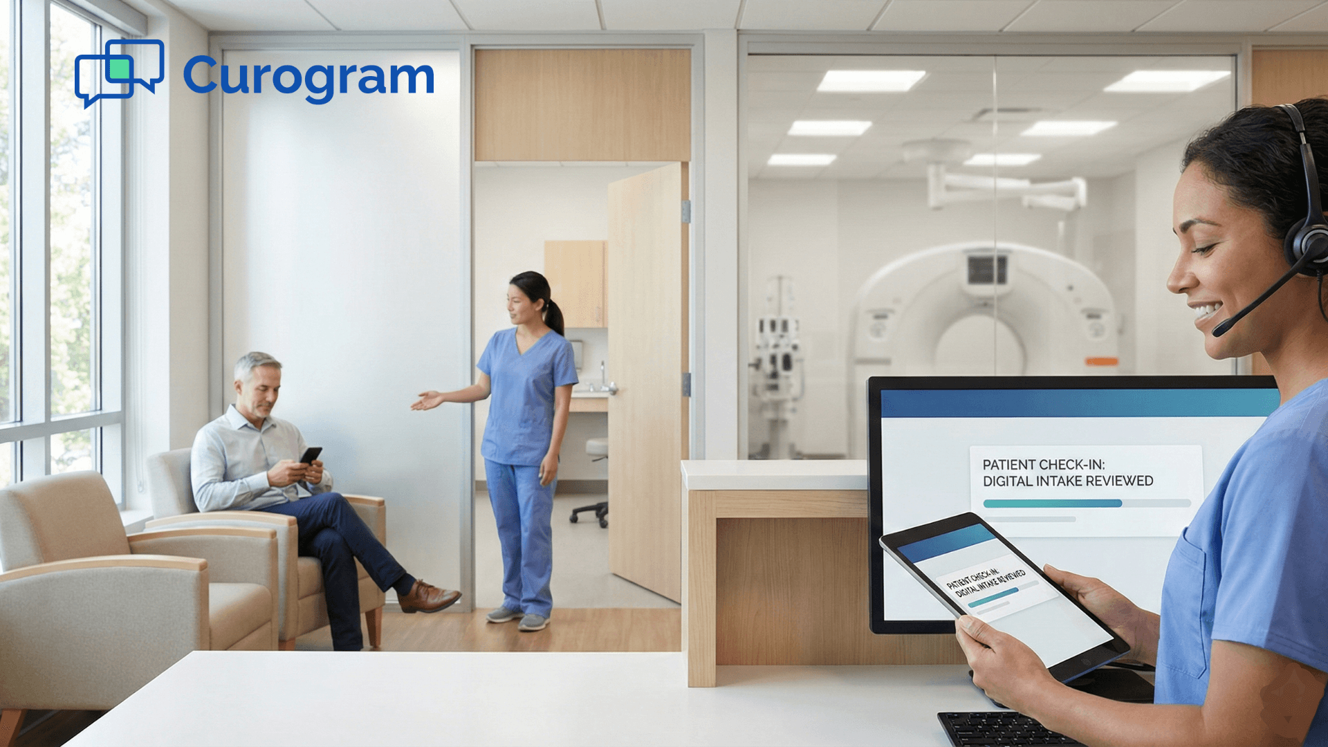 Radiology staff reviewing digital patient intake forms on a tablet in a modern medical clinic office