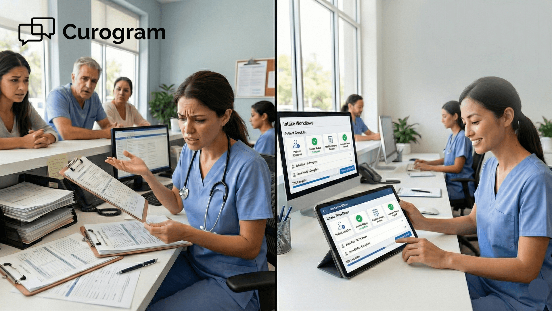 Healthcare staff comparing paperwork overload with automated patient intake using InSync EMR and Curogram