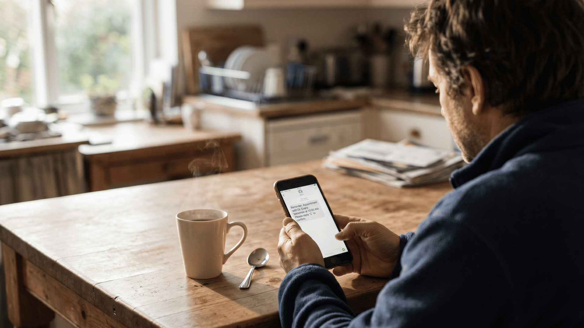 Patient at home reading an automated appointment reminder text from their mental health clinic