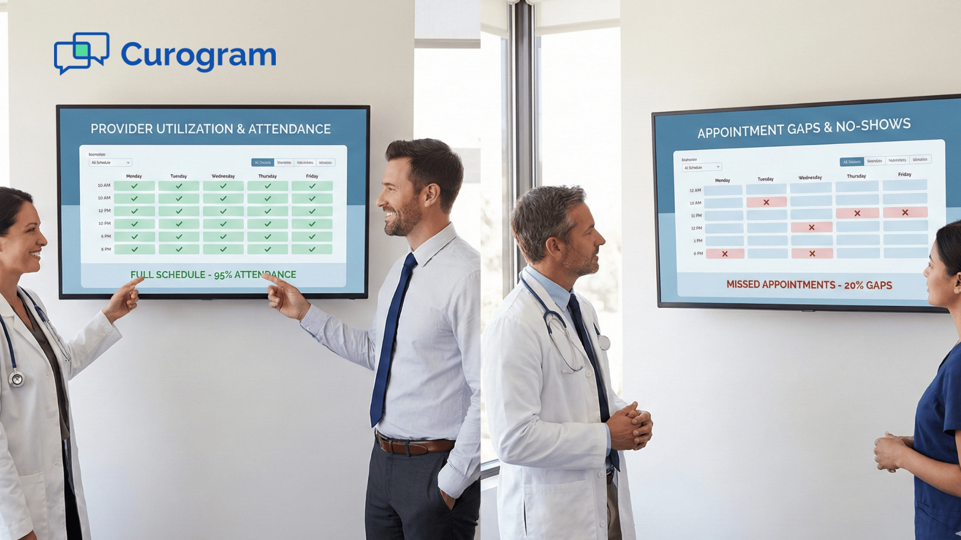 Staff reviewing provider utilization and no-show gap charts on DrChrono clinic screens.