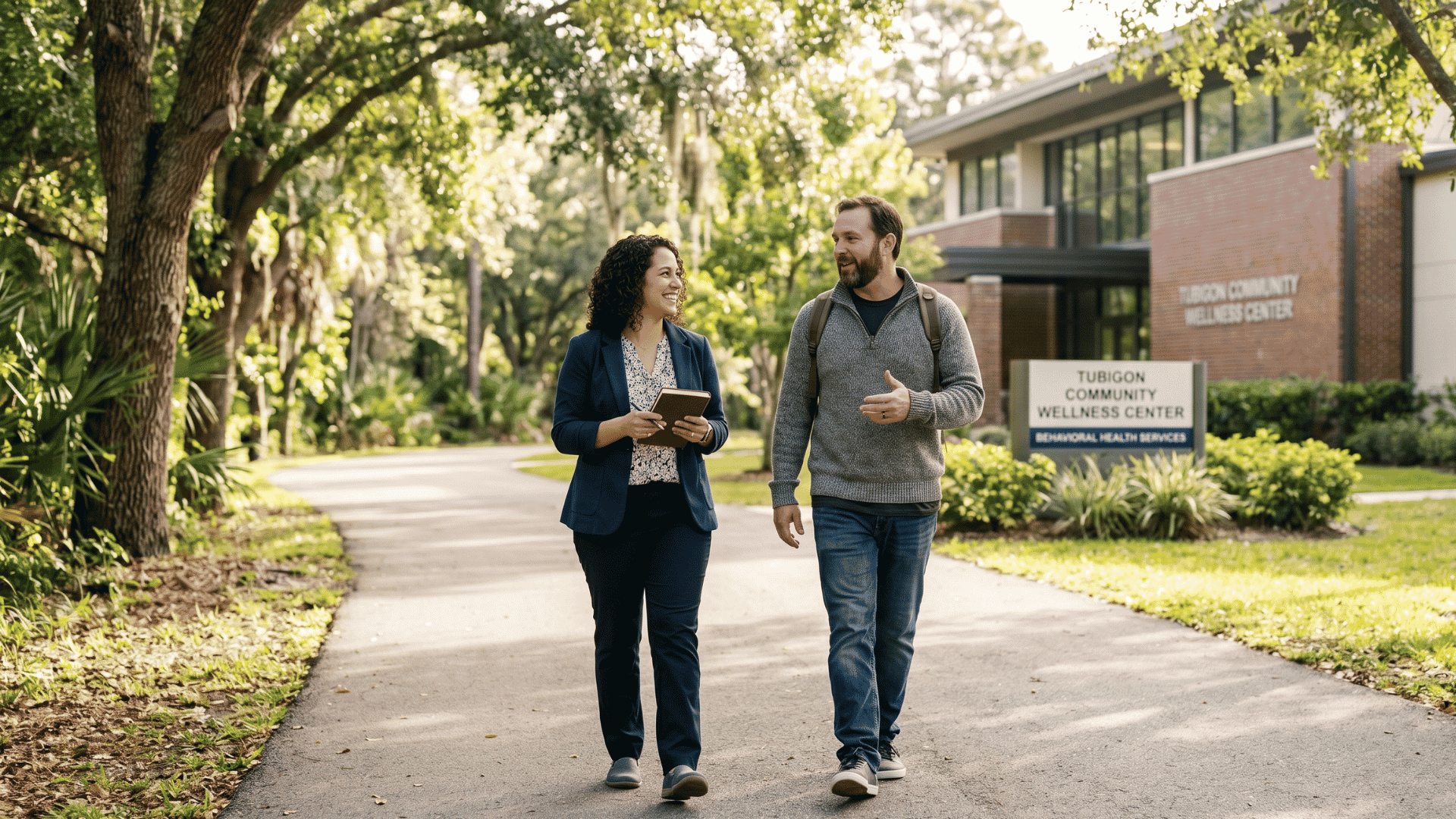Care coordinator and client walking outdoors discussing SUD treatment