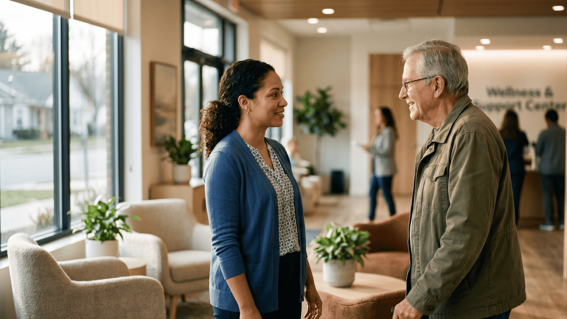Front desk coordinator giving a patient full attention in a calm behavioral health clinic