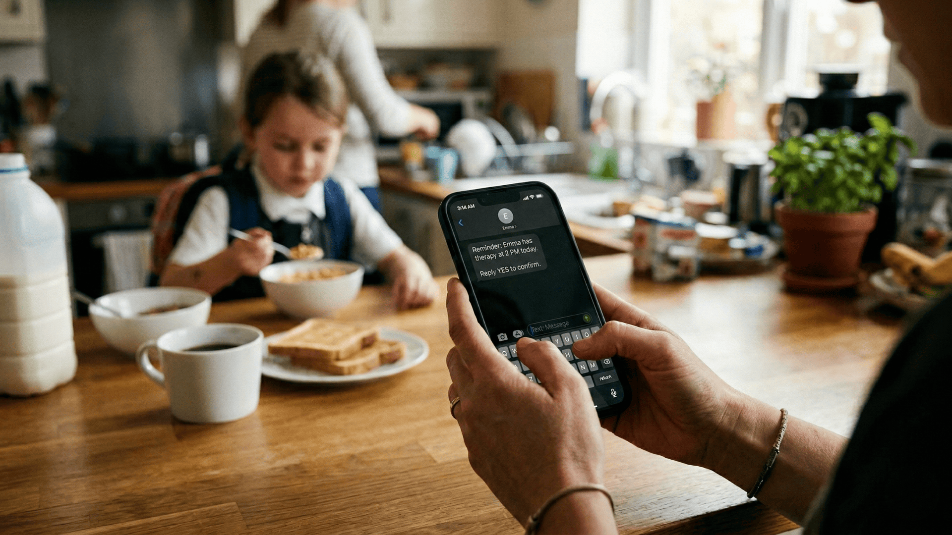 Parent receiving a same-day SMS therapy appointment reminder on their smartphone