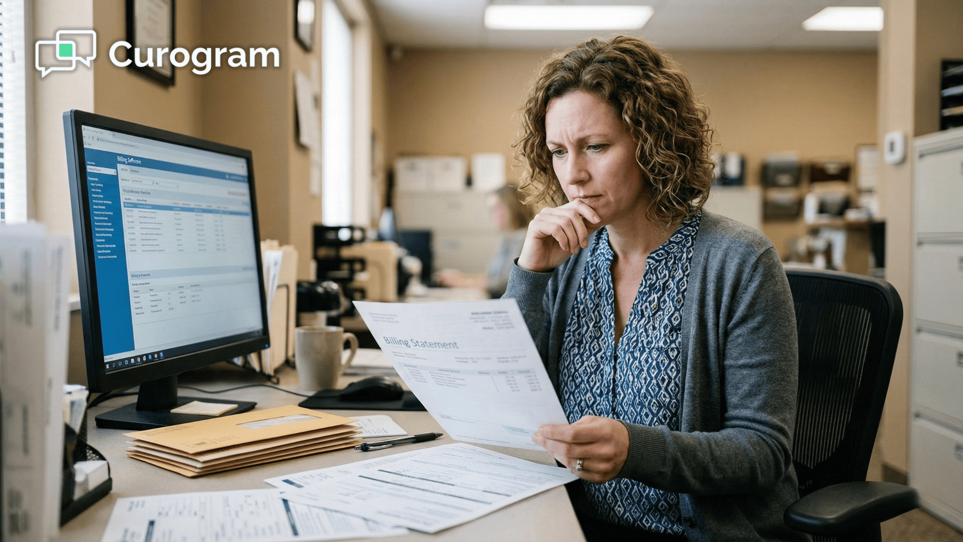 Billing manager reviewing paper statements at a medical office desk