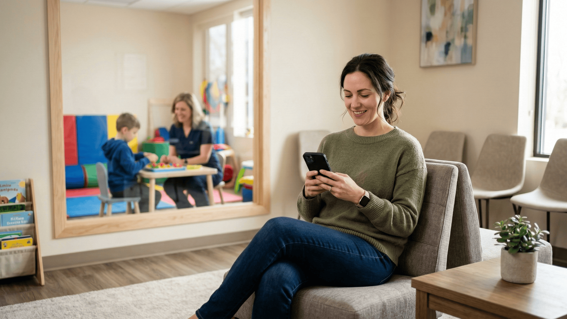 Parent completing SMS co-pay payment on phone in pediatric therapy waiting room