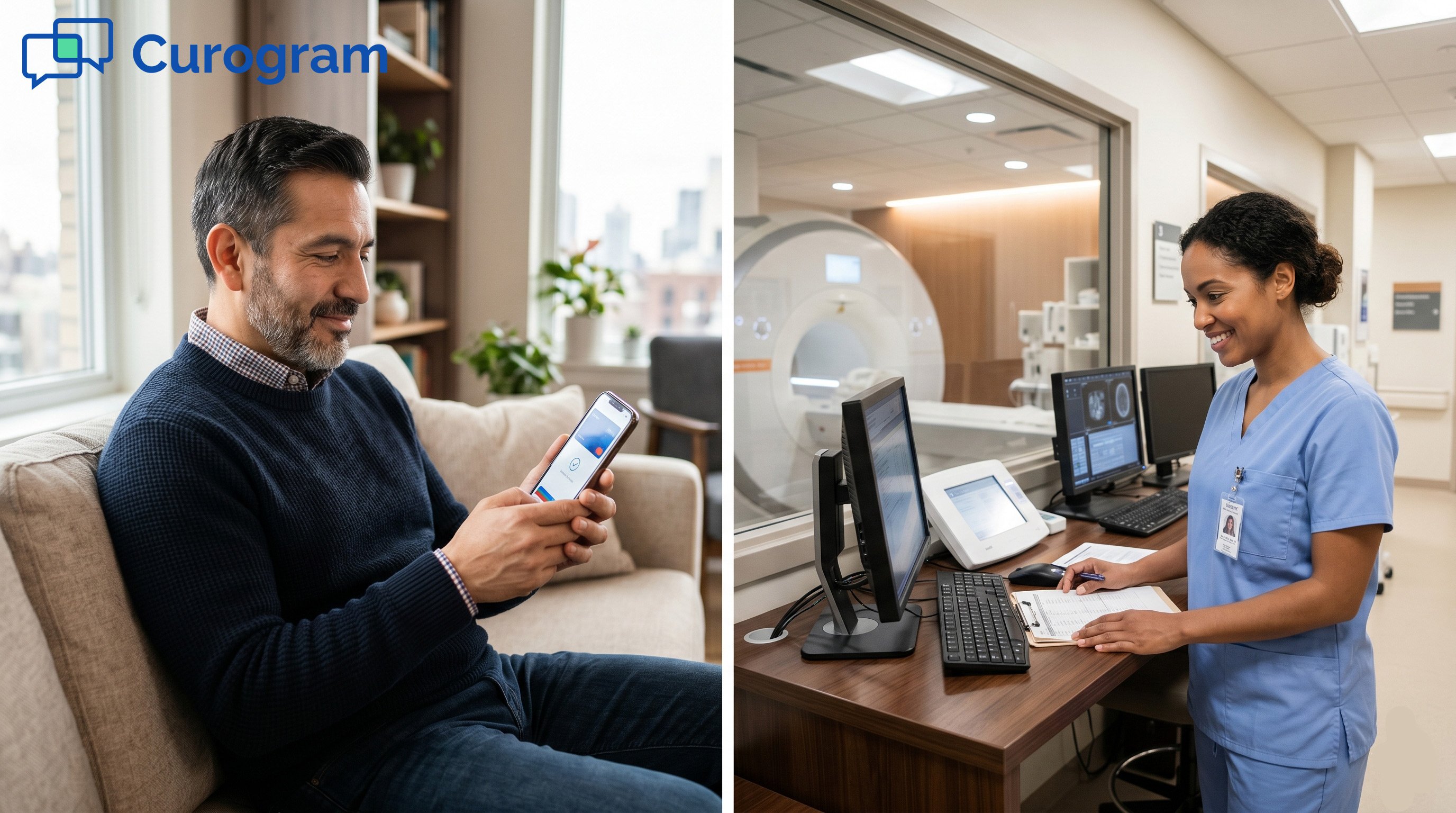 Split view: Patient paying on phone at home and radiology tech at imaging center workstation