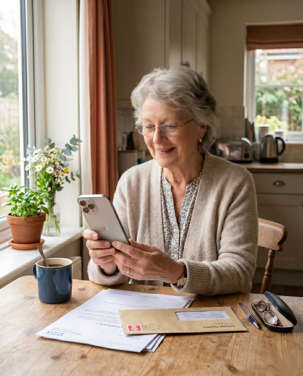 Reassured patient sitting at table using smartphone for secure medical payment