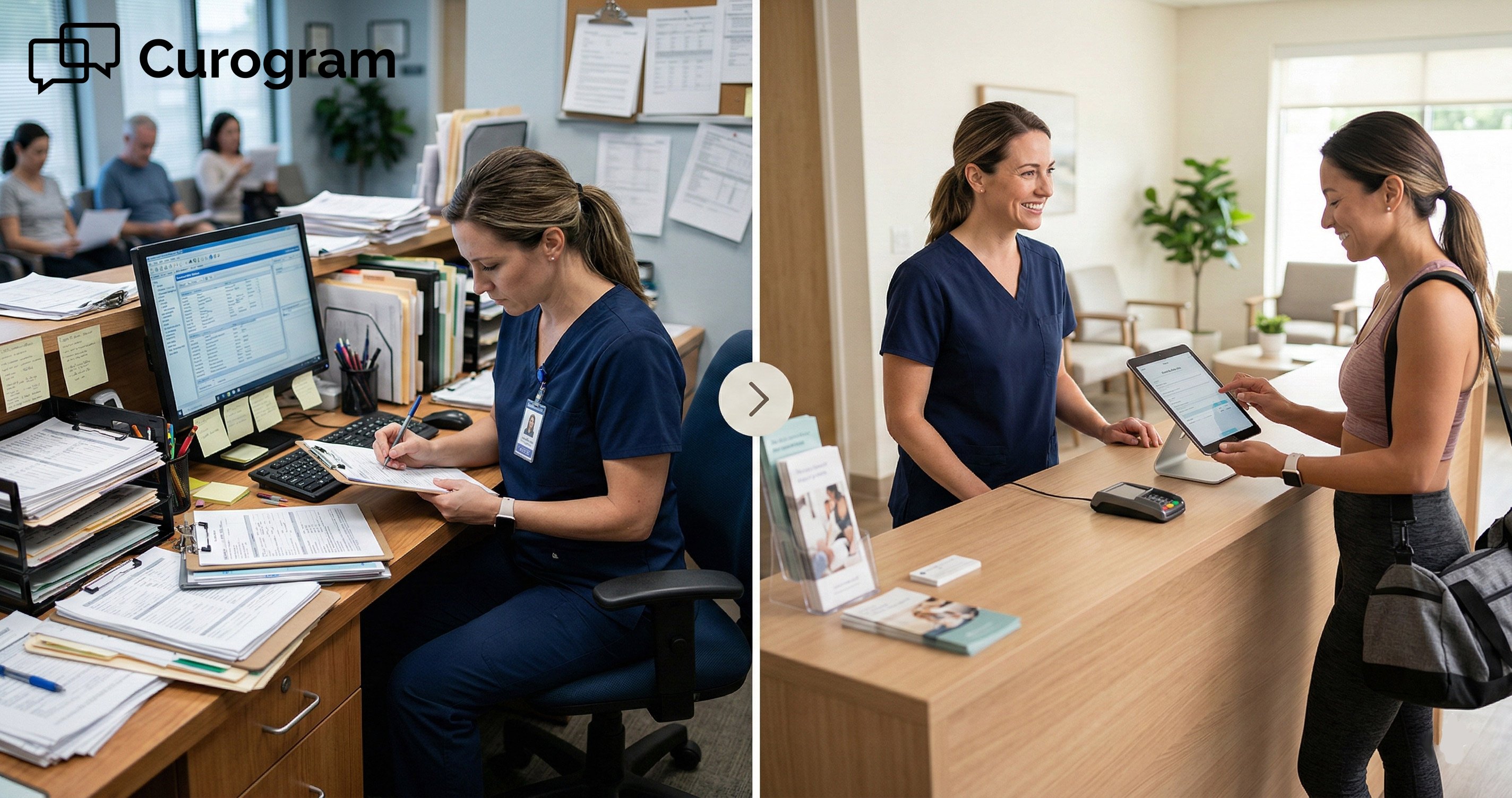 Before and after: Cluttered paper forms vs. digital check-in