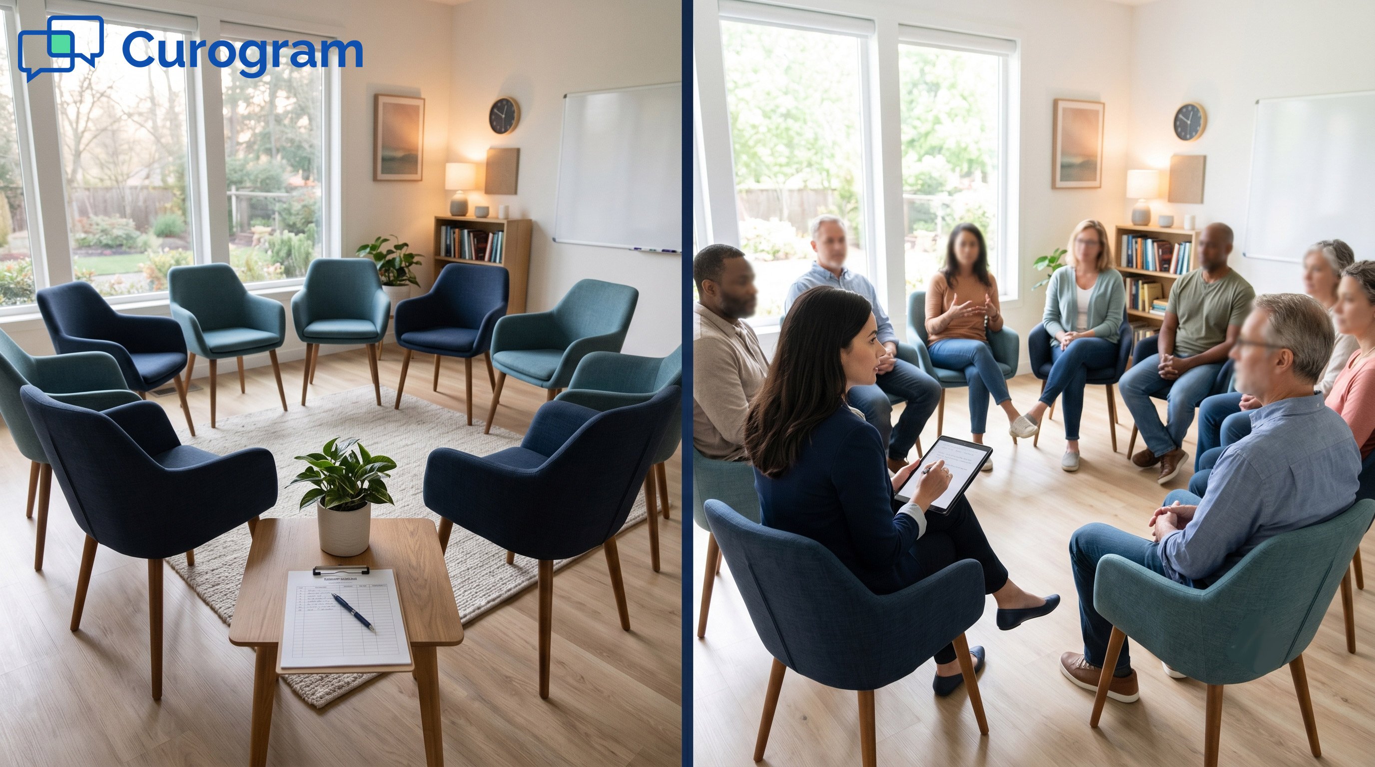 A split image comparing a group therapy session to an empty room representing missed appointments