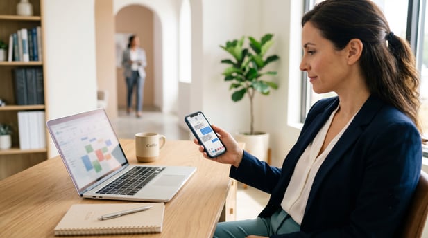 Therapist using a tablet to manage scheduling software in a modern clinic setting