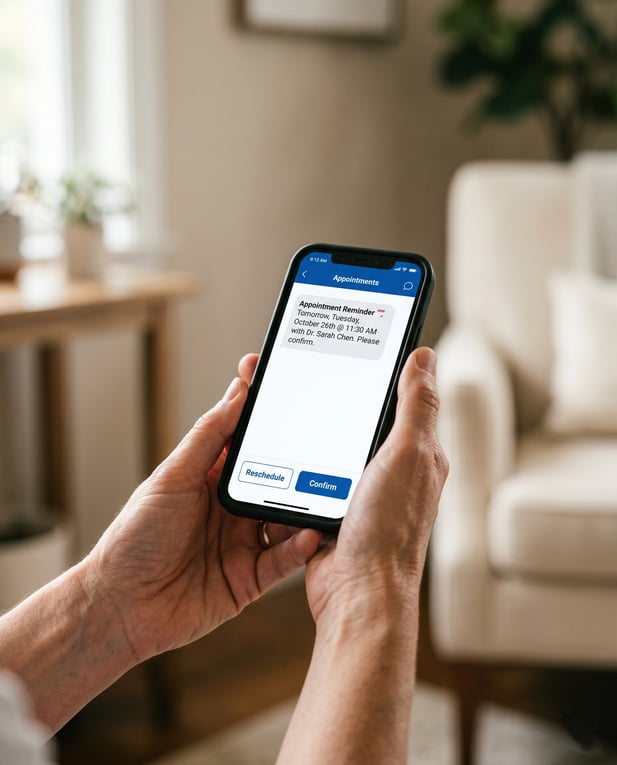 Hands holding a phone with an appointment reminder SMS and confirmation options