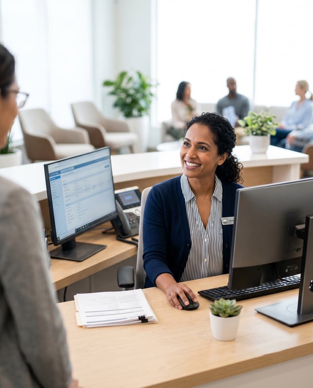 Medical receptionist smiling and assisting a patient checking in