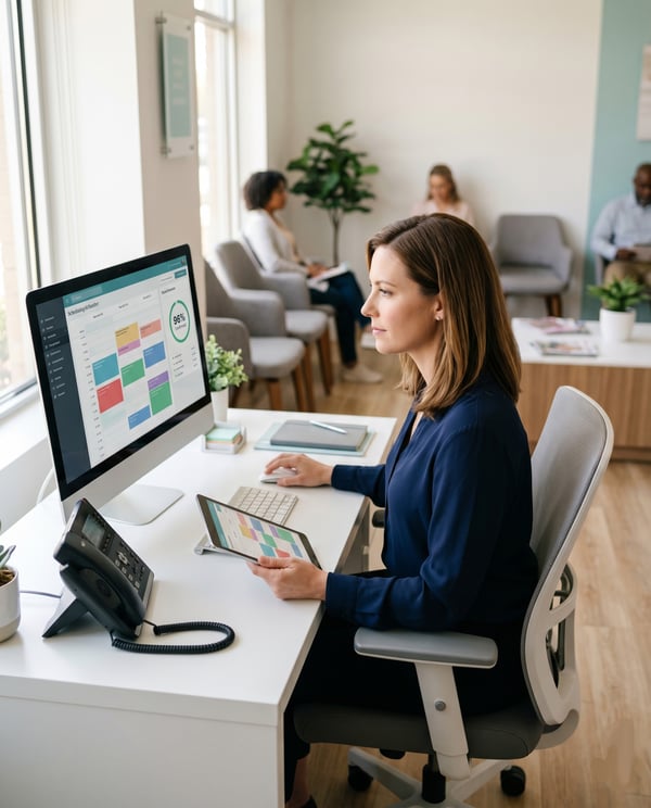 Professional receptionist at a modern desk in a clinic, patients waiting in the background
