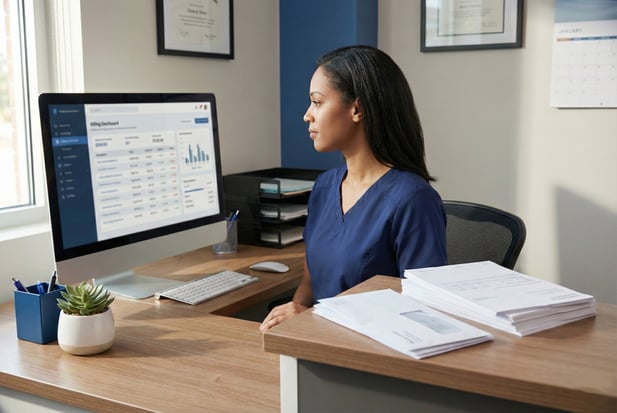 Medical office administrator reviewing financial data on a practice management billing dashboard