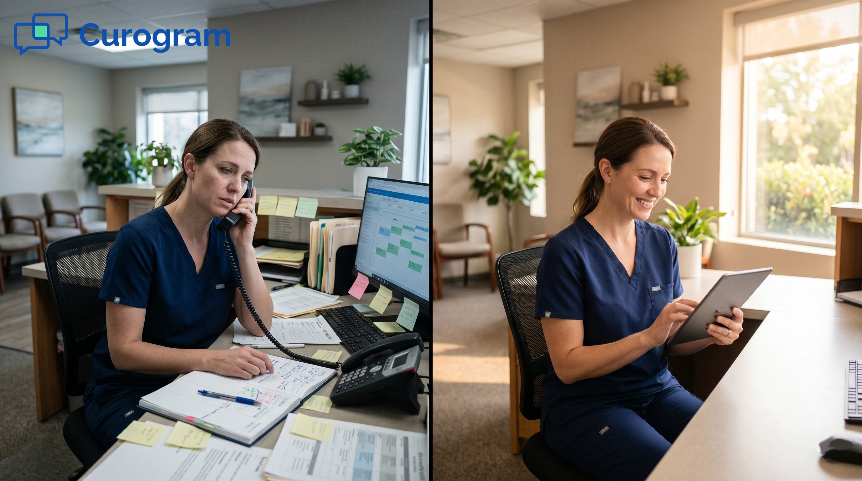 Stressed clinic receptionist using phone vs. a happy, relaxed receptionist using tablet software