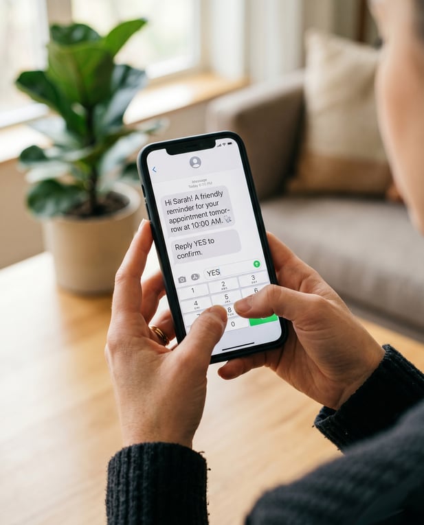 A patient holding a phone and replying 'YES' to a simple appointment confirmation text message