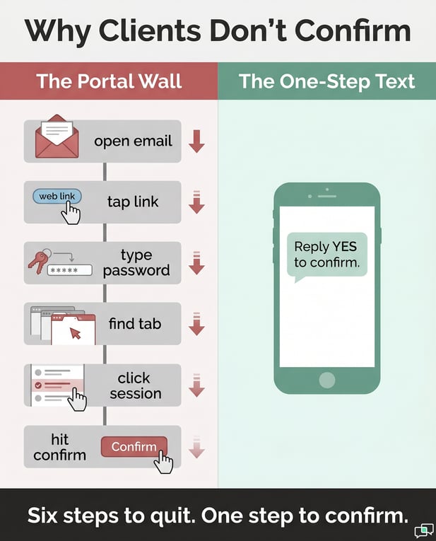 Comparison of complex email portal confirmation vs. easy one-step SMS appointment confirmation